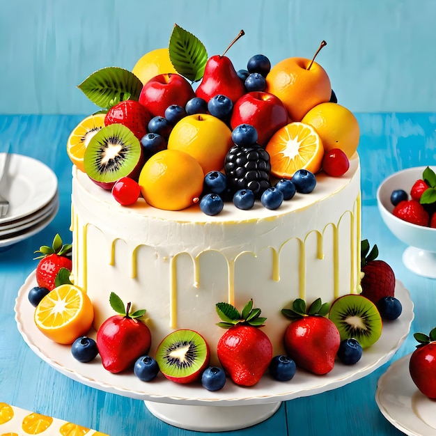 Foto torta de frutas com morangos morangos framboesas kiwi laranja kiwi e limão sobre um fundo azul