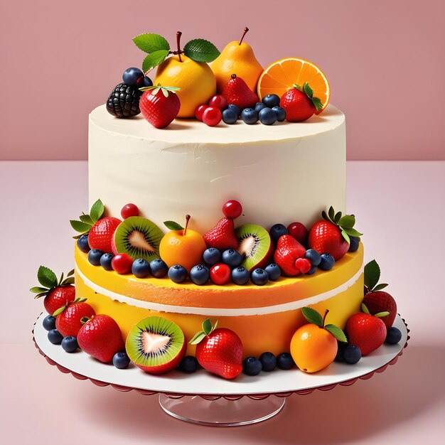 Torta de frutas decorada com bagas e frutas frescas Renderização 3D