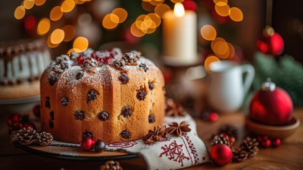 Torta de frutas tradicional de Natal em uma mesa festiva com luzes bokeh