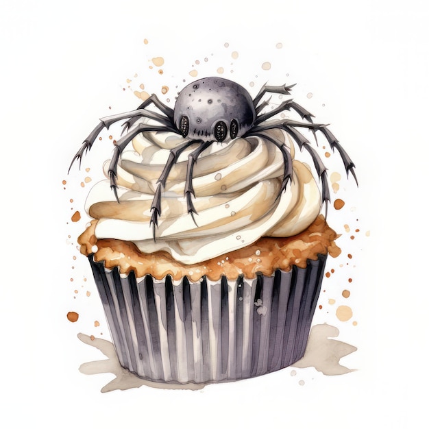 Torta de Halloween com aranha e ilustração de aquarela de aranha