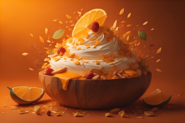 Foto torta de laranja com nata batida e frutas em fundo laranja