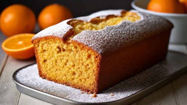 Torta de laranja deliciosamente úmida com açúcar em pó