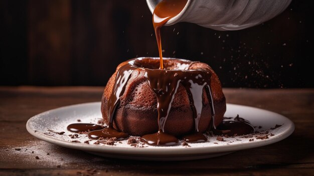 Foto torta de lava de chocolate com gooey molten center derramando