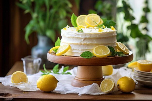 Foto torta de limão apresentada em uma tábua de madeira com um frasco de conhaque de limão