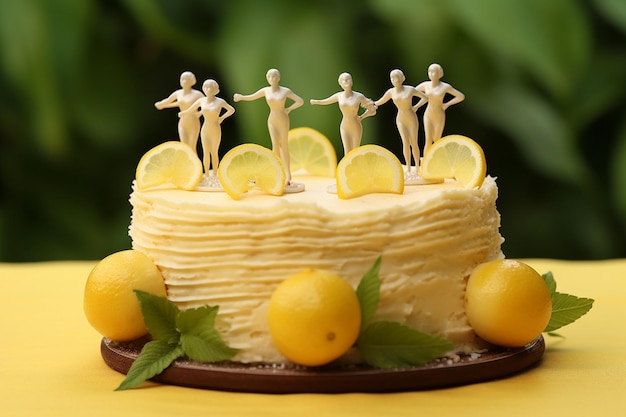 Foto torta de limão apresentada em uma tábua de madeira com um frasco de conhaque de limão