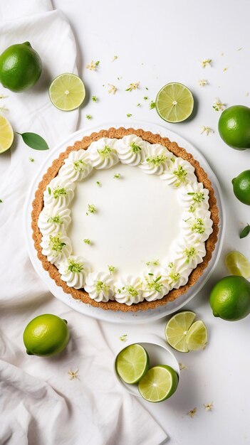 Foto torta de limão caseira com limão fresco em cima da mesa branca da cozinha, vista plana, tradição de ação de graças