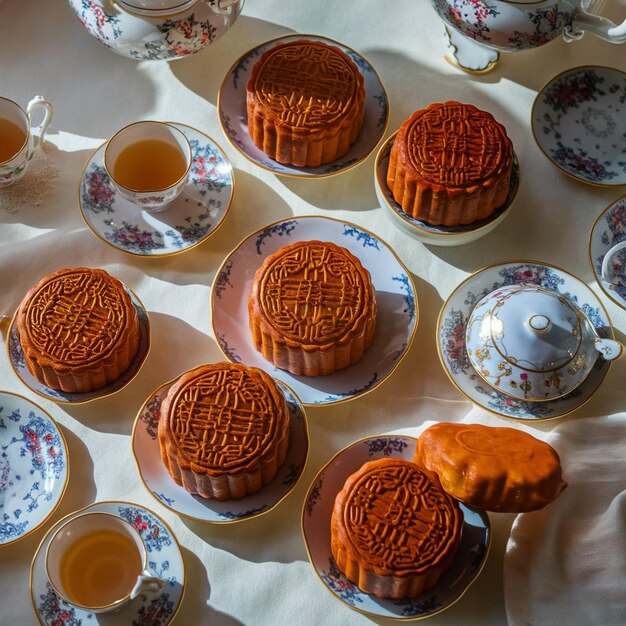 Foto torta de lua tradicional chinesa com conjunto de chá