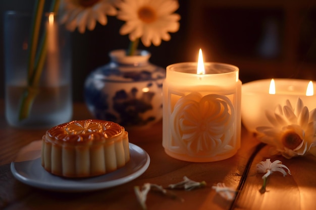 Torta de lua tradicional e ambiente de chá à luz de velas