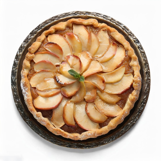 Torta de maçã caseira com maçãs frescas em cima da mesa branca da cozinha, vista plana, tradicional de Ação de Graças
