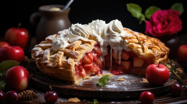 torta de maçã com maçãs fatiadas em um prato com desfoque de fundo