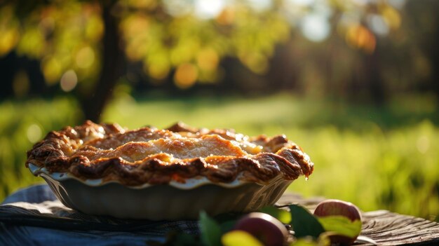 Torta de Maçã com vidro de bordo contra um bosque de árvores de bordo