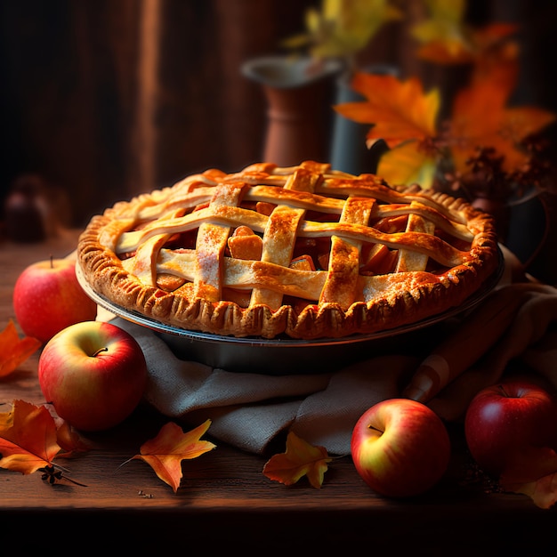 Torta de maçã de outono Uma torta em uma mesa de madeira com maçãs vermelhas perto dela Folhas de outono