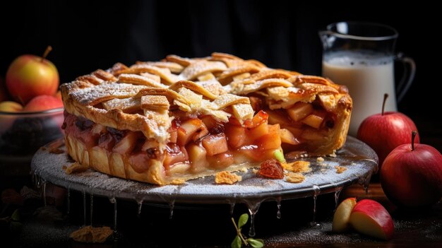 Torta de maçã doce com granulado de açúcar branco em uma bandeja de madeira e fundo desfocado