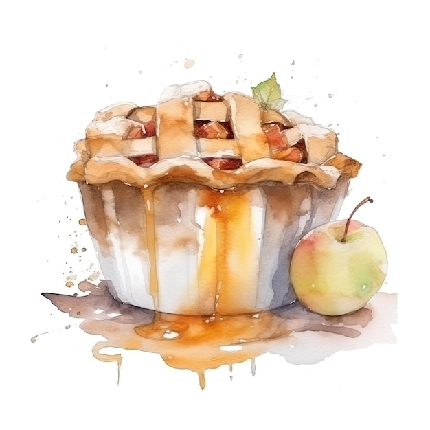 Torta de maçã isolada em fundo branco Ilustração em aquarela