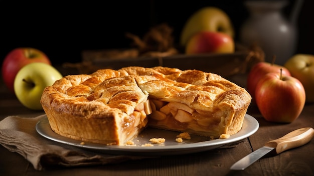 Torta de maçã numa mesa de madeira