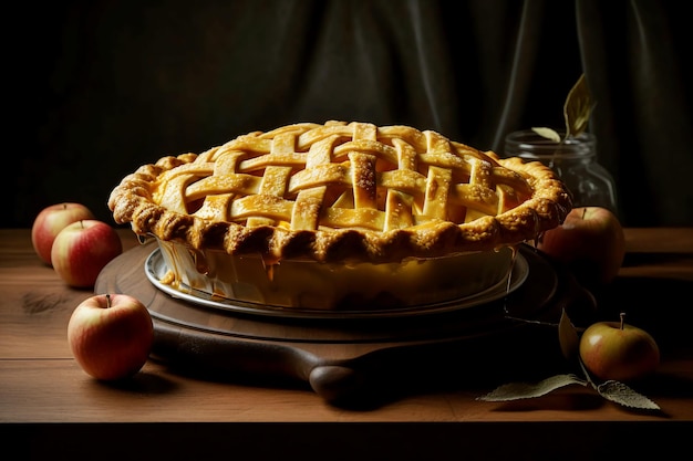 Torta de maçã recém-assada está sobre a mesa sobre uma toalha