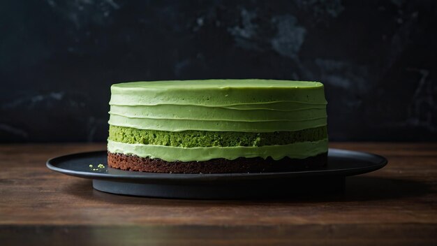 Foto torta de matcha elegante com glasura a gotejar em fundo escuro