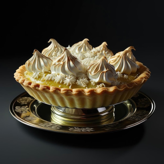 Torta de merengue amarelo em uma placa de prata com fundo preto