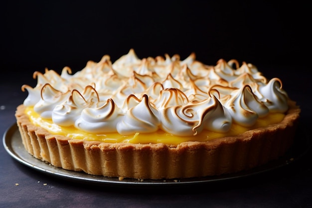 Torta de meringue de limão sobre um fundo escuro