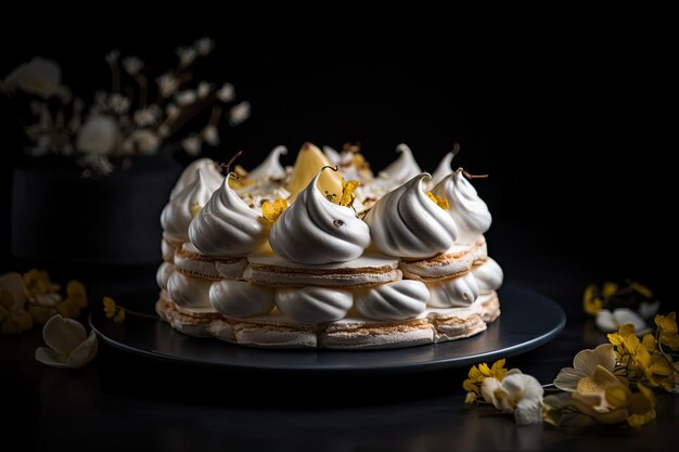 Foto torta de meringue pavlova sobremesa de frutas de bagas torta de maringue branca em fundo escuro abstracto ilustração de ia generativa