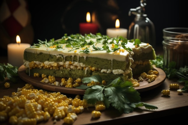 Torta de milho verde decorada com bandeiras em uma festa de junho dentro de IA generativa