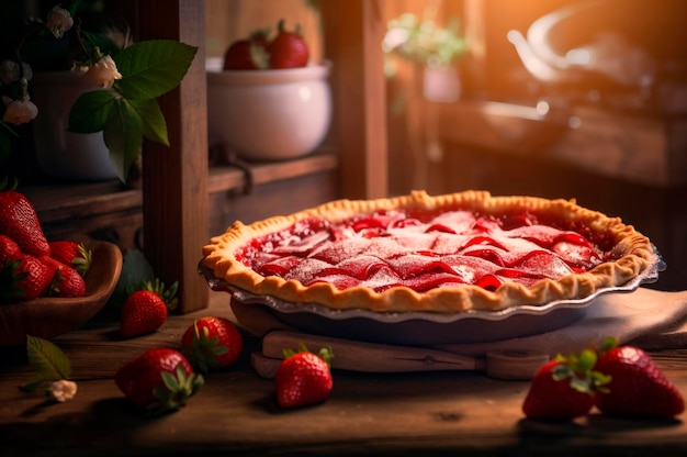 Torta de morango caseira assada em fundo de cozinha de mesa de madeira rústica IA gerou foco seletivo