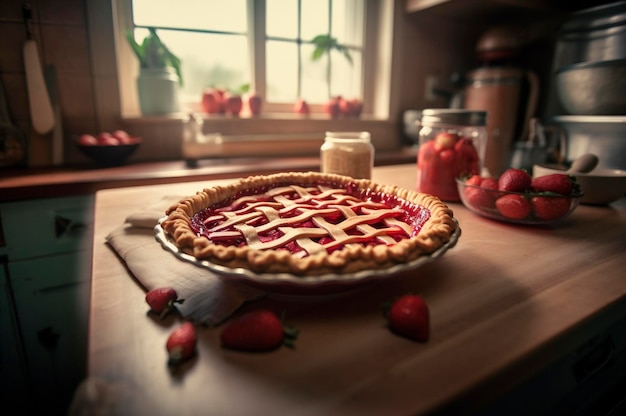 Torta de morango caseira assada em fundo de cozinha de mesa de madeira rústica IA gerou foco seletivo