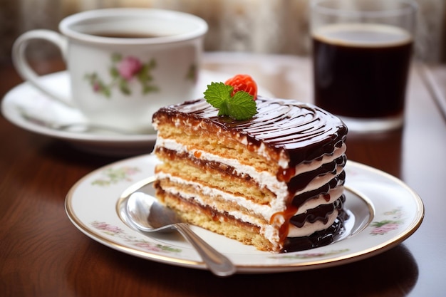 Torta de mousse em camadas em prato branco e xícara de chá