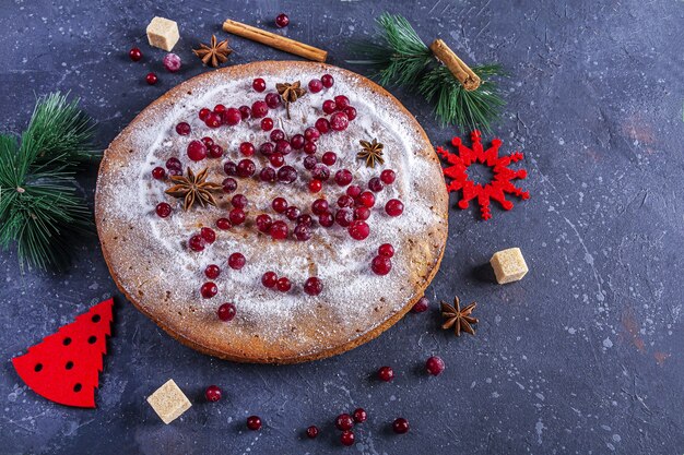 Torta de natal com açúcar de confeiteiro e cranberries