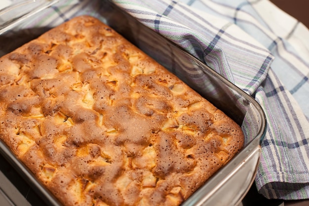 Torta de outono caseira com rosas de maçã em uma forma de cozimento branca sobre um fundo cinza de concreto ou pedraVista superior