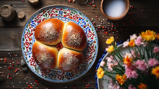 Torta de Páscoa com passas e ovos sobre um fundo de madeira