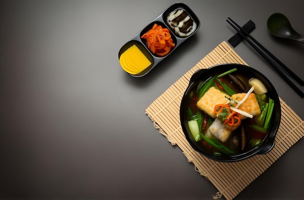 Torta de peixe coreana e sopa de vegetais na mesa