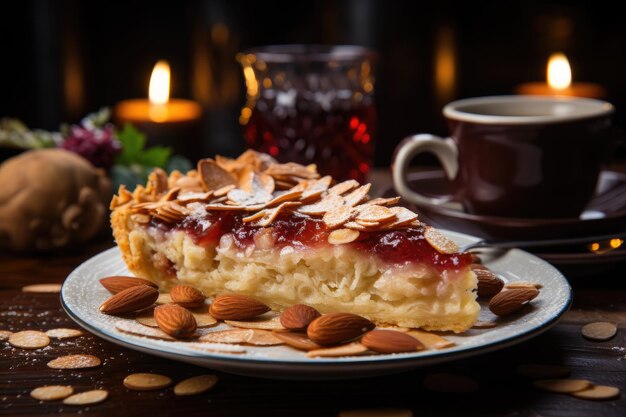 Torta de pêra com amêndoas de mesa rústica generativa IA