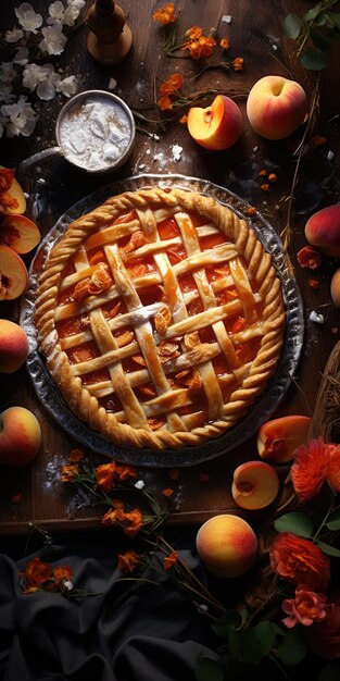 Torta de pêssego Torta apetitosa close-up maçãs frutas foto de alta qualidade IA geradora