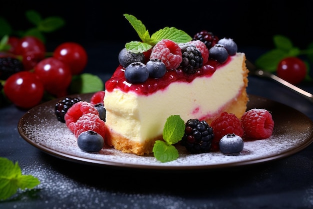 Torta de queijo caseira de Nova Iorque com bagas congeladas e hortelã