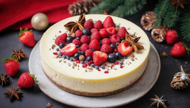 Torta de queijo com bagas de frutas frescas morangos framboesas e anis estrelado