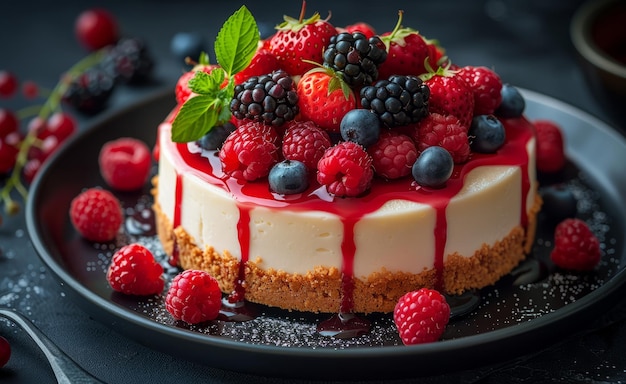 Torta de queijo com framboesas frescas morangos e morangos no prato