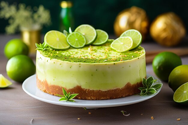 Foto torta de queijo de limão adornada com fatias de limão