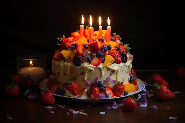 Torta de três camadas com morangos de gelo e confete generativo IA