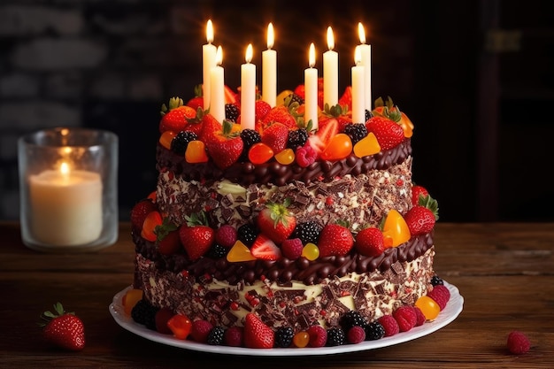 Torta de três camadas com morangos de gelo e confete generativo IA