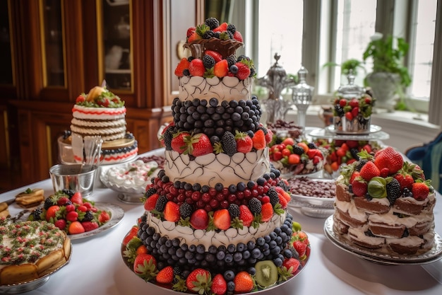 Torta de três camadas com nata batida e frutas frescas generativa IA