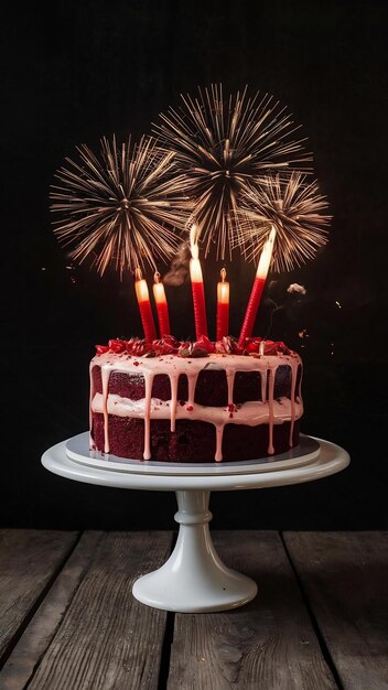 Torta de veludo vermelho com fogos de artifício
