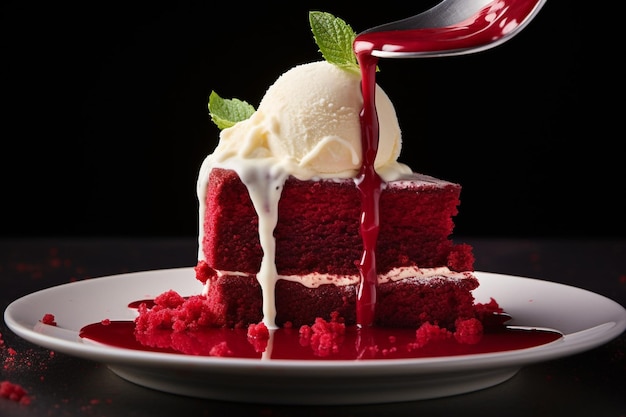 Torta de veludo vermelho sendo desfrutada por um grupo diversificado de pessoas em uma festa ou reunião