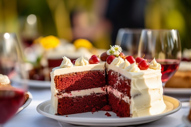 Torta de veludo vermelho sendo desfrutada por um grupo diversificado de pessoas em uma festa ou reunião