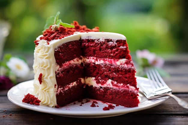 Torta de veludo vermelho sendo desfrutada por um grupo diversificado de pessoas em uma festa ou reunião