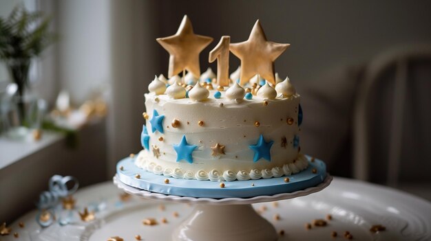 Torta decorada número um para o aniversário do bebê em um fundo claro