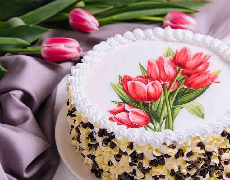 Torta del día internacional de la mujer con flores.