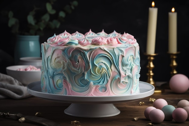 Torta de dos capas esmerilada con remolinos de glaseado azul y rosa pastel creado con inteligencia artificial generativa