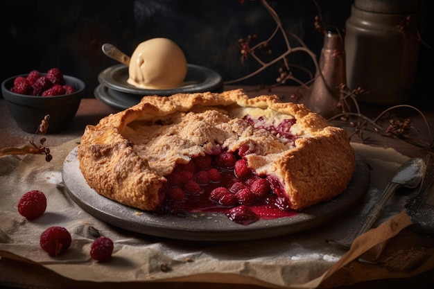 Torta dourada com frutas vermelhas e gelado generativo IA