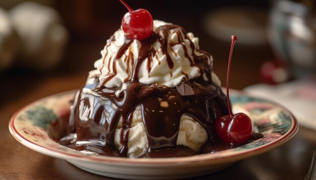 Torta dulce de mousse de chocolate oscuro con frambuesa y crema batida generada por IA